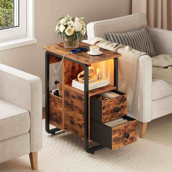 Rustic Brown & Black Narrow End Table with Charging Station and LED Lights, Slim Nightstand with 2 Fabric Drawers and Open Shelves, Suitable for Living Room and Bedroom