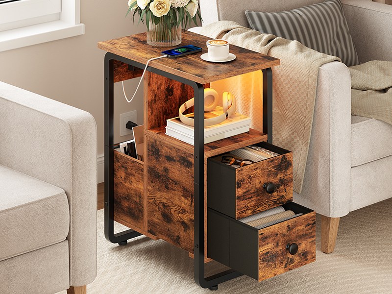 Rustic Brown & Black Narrow End Table with Charging Station and LED Lights, Slim Nightstand with 2 Fabric Drawers and Open Shelves, Suitable for Living Room and Bedroom
