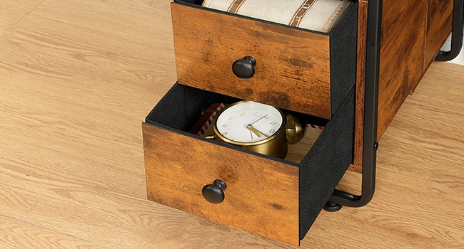 Rustic Brown & Black Narrow End Table with Charging Station and LED Lights, Slim Nightstand with 2 Fabric Drawers and Open Shelves, Suitable for Living Room and Bedroom