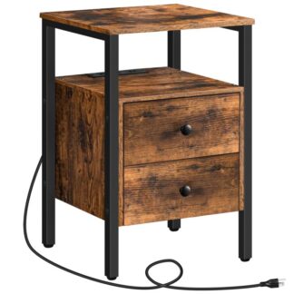 end table with charging station, bedside table with 2 drawer & usb ports & power outlets, nightstand for small spaces, stable and sturdy, for living room, bedroom, rustic brown