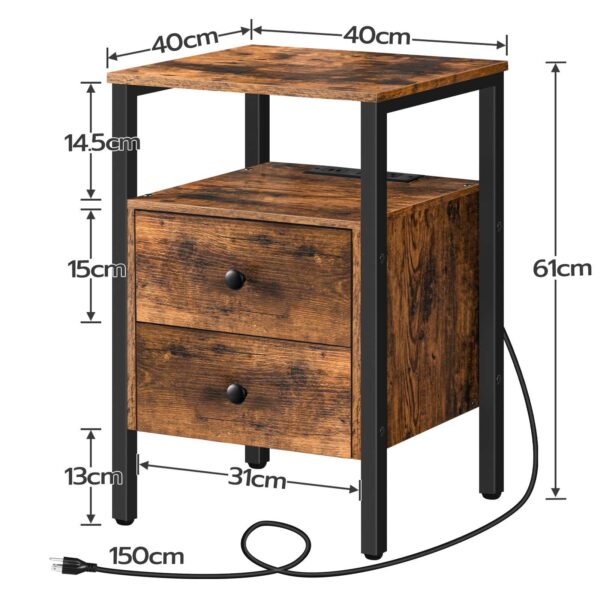2-PCS End Table Set with Charging Station, Side Tables with Drawers & Skladovacie police, Multifunctional Bedside Tables for Small Spaces, Obývacia izba & Kancelária, Rustikálna hnedá