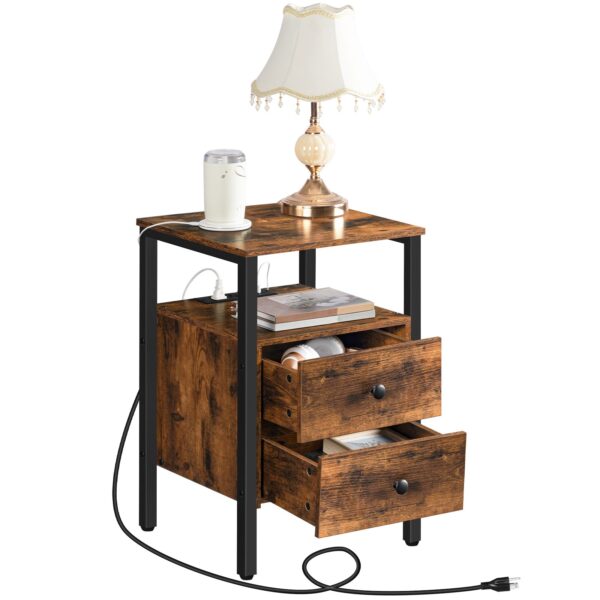 2-PCS End Table Set with Charging Station, Side Tables with Drawers & Skladovacie police, Multifunctional Bedside Tables for Small Spaces, Obývacia izba & Kancelária, Rustikálna hnedá