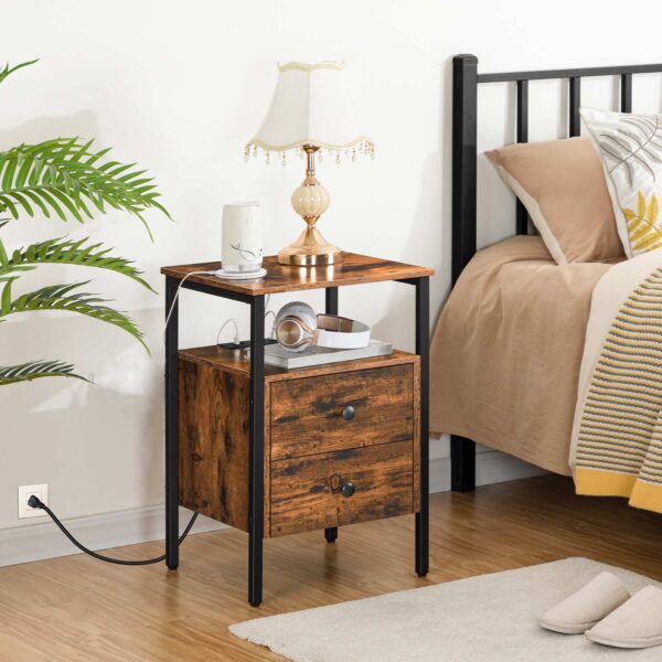 2-PCS End Table Set with Charging Station, Side Tables with Drawers & Skladovacie police, Multifunctional Bedside Tables for Small Spaces, Obývacia izba & Kancelária, Rustikálna hnedá