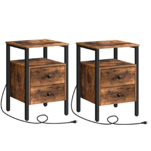 2-PCS End Table Set with Charging Station, Side Tables with Drawers & Storage Shelves, Multifunctional Bedside Tables for Small Spaces, Living Room & Office, Rustic Brown