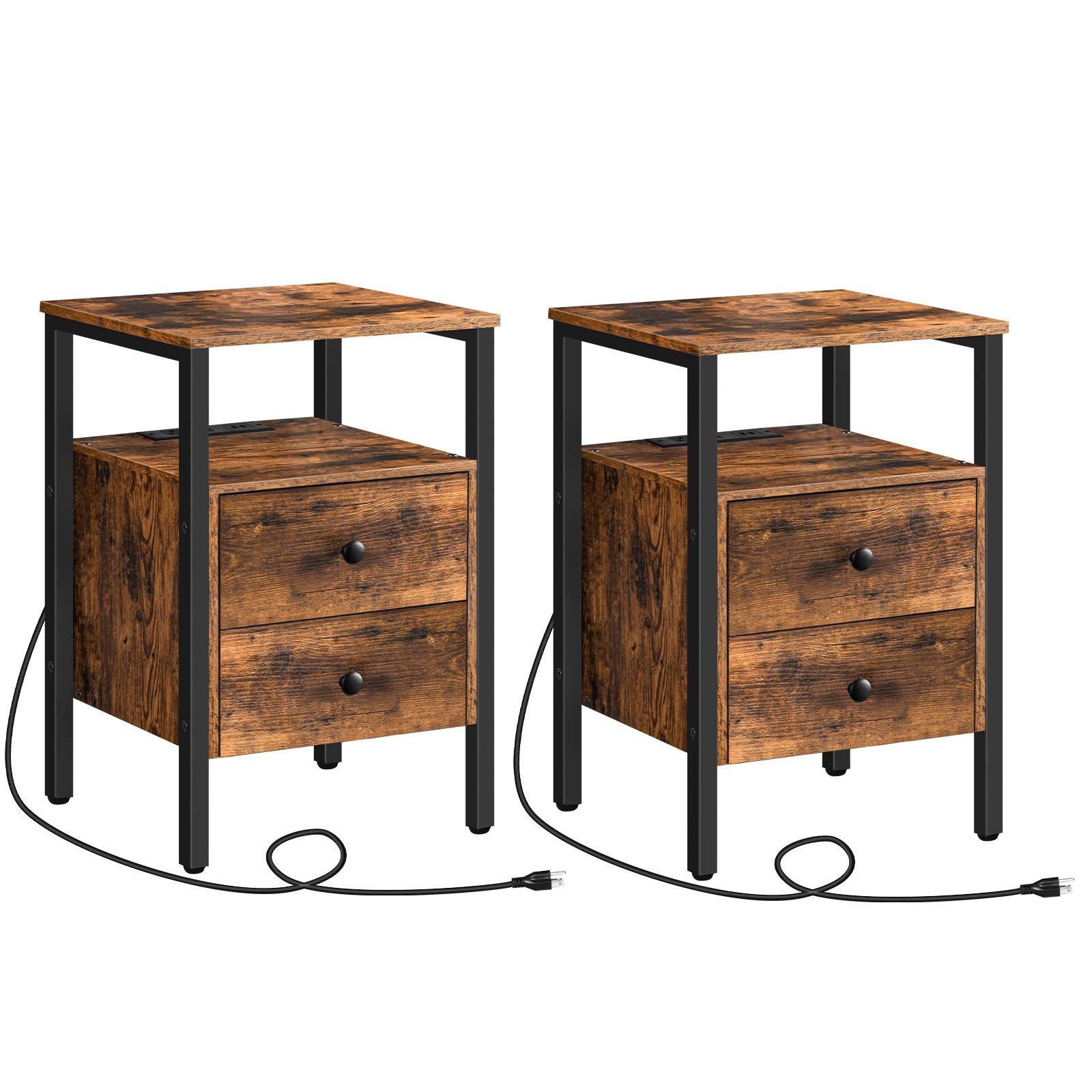 2-PCS End Table Set with Charging Station, Side Tables with Drawers & Skladovacie police, Multifunctional Bedside Tables for Small Spaces, Obývacia izba & Kancelária, Rustikálna hnedá