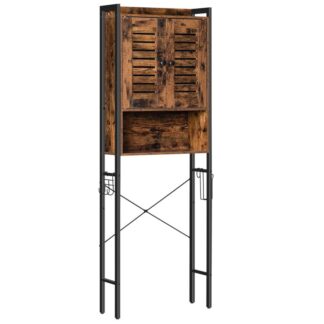 فوق خزانة تخزين المرحاض, منظم حمام للتخزين الشامل فوق المرحاض مع باب بفتحة تهوية, إطار معدني على شكل X, رف المرحاض الموفر للمساحة, تجميع سهل, ريفي براون