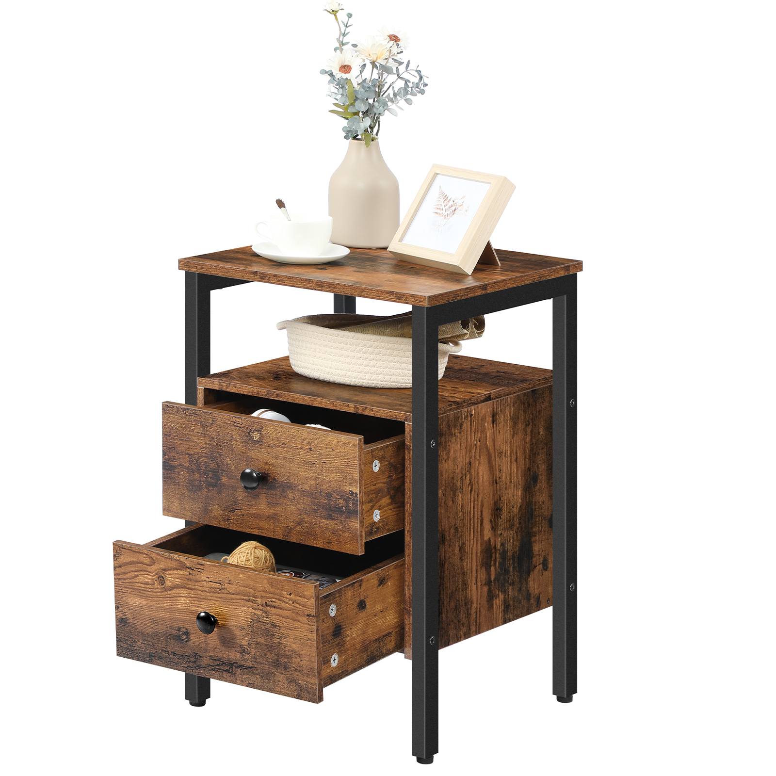 table de nuit, table de chevet avec 2 Tiroirs et étagères de rangement, table d'appoint, table de canapé pour le salon, chambre à coucher, mobilier accent, assemblage facile, brun rustique et noir