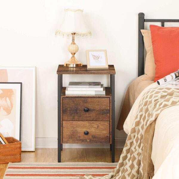 منضدة سرير, طاولة بجانب السرير مع 2 الأدراج ورفوف التخزين, طاولة نهاية جانبية, طاولة أريكة لغرفة المعيشة, غرفة نوم, أثاث لهجة, التجميع سهل, بني ريفي أسود