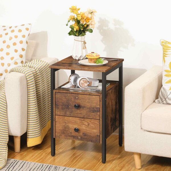 منضدة سرير, طاولة بجانب السرير مع 2 الأدراج ورفوف التخزين, طاولة نهاية جانبية, طاولة أريكة لغرفة المعيشة, غرفة نوم, أثاث لهجة, التجميع سهل, بني ريفي أسود