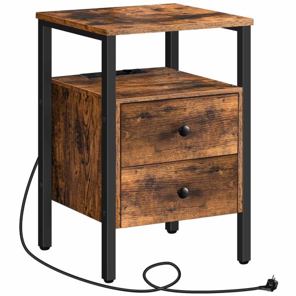 Table de chevet avec prises de courant et ports USB, Table d'appoint multifonctionnelle de style vintage avec tiroirs & Espace de stockage, Convient aux petits espaces, Salon, Chambre à coucher, Assemblage facile