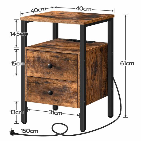 Table de chevet avec prises de courant et ports USB, Table d'appoint multifonctionnelle de style vintage avec tiroirs & Espace de stockage, Convient aux petits espaces, Salon, Chambre à coucher, Assemblage facile
