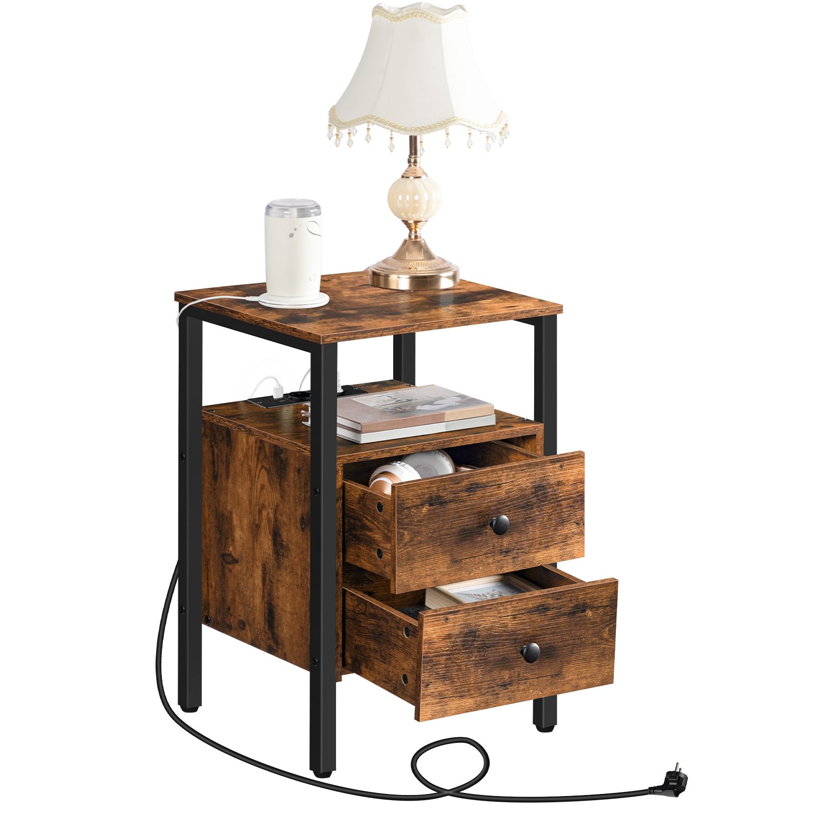 Table de chevet avec prises de courant et ports USB, Table d'appoint multifonctionnelle de style vintage avec tiroirs & Espace de stockage, Convient aux petits espaces, Salon, Chambre à coucher, Assemblage facile