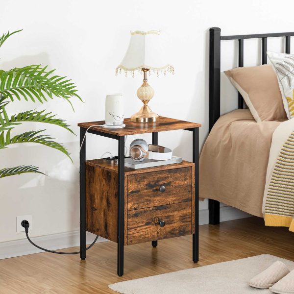 Table de chevet avec prises de courant et ports USB, Table d'appoint multifonctionnelle de style vintage avec tiroirs & Espace de stockage, Convient aux petits espaces, Salon, Chambre à coucher, Assemblage facile