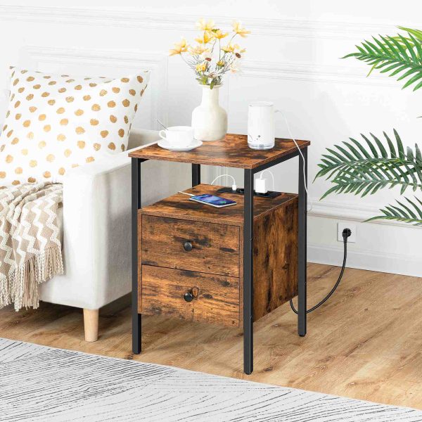 Table de chevet avec prises de courant et ports USB, Table d'appoint multifonctionnelle de style vintage avec tiroirs & Espace de stockage, Convient aux petits espaces, Salon, Chambre à coucher, Assemblage facile