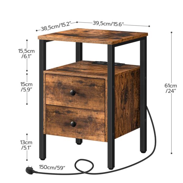 Κομοδίνο, Βοηθητικό τραπέζι με σταθμό φόρτισης, 2 Θύρες USB και 2 Πρίζες, Τέλος πίνακα με 2 Σώβρακο, Βοηθητικό τραπέζι καναπέ, Νυχτερινό περίπτερο για σαλόνι, Υπνοδωμάτιο, Ρουστίκ καφέ και μαύρο