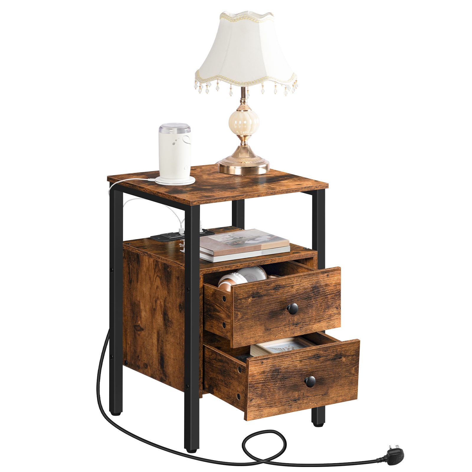 Κομοδίνο, Βοηθητικό τραπέζι με σταθμό φόρτισης, 2 Θύρες USB και 2 Πρίζες, Τέλος πίνακα με 2 Σώβρακο, Βοηθητικό τραπέζι καναπέ, Νυχτερινό περίπτερο για σαλόνι, Υπνοδωμάτιο, Ρουστίκ καφέ και μαύρο