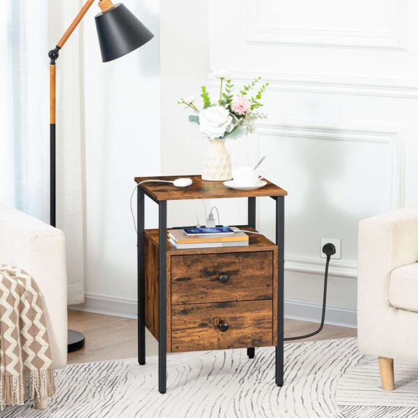 Κομοδίνο, Βοηθητικό τραπέζι με σταθμό φόρτισης, 2 Θύρες USB και 2 Πρίζες, Τέλος πίνακα με 2 Σώβρακο, Βοηθητικό τραπέζι καναπέ, Νυχτερινό περίπτερο για σαλόνι, Υπνοδωμάτιο, Ρουστίκ καφέ και μαύρο