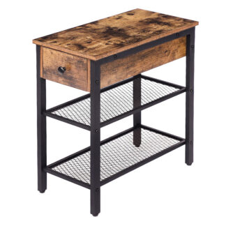 side table, industrial end table with drawer and 2 open mesh shelves, narrow nightstand for small spaces, bedroom, living room, office, space saving, stable metal frame, rustic brown