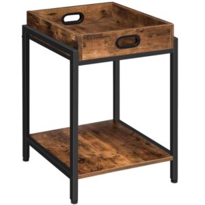 industrial end table, side table with removable tray and switchable open shelf, breakfast tray table for sofa, bed, eating in living room, bedroom, easy assembly, rustic brown