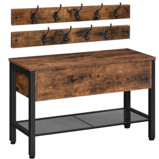 shoe storage bench, shoe rack bench with lift top storage box, holds up to 240 lb, coat rack shoe bench, hall tree, entryway, bedroom, hallway, industrial, rustic brown and black
