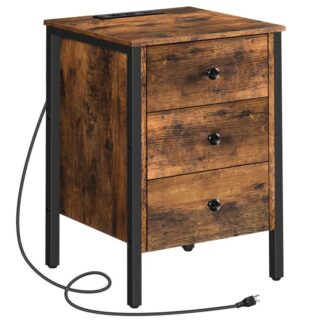 nightstand with charging station, side table with 3 drawers and storage shelf, end table with usb ports, retro industrial style bedside table, for living room, bedroom, rustic brown