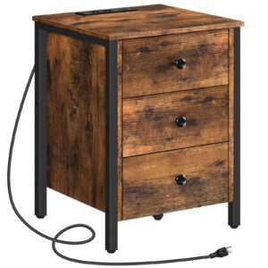 Nightstand with charging station, side table with 3 drawers and storage shelf, end table with usb ports, retro industrial style bedside table, for living room, bedroom, rustic brown