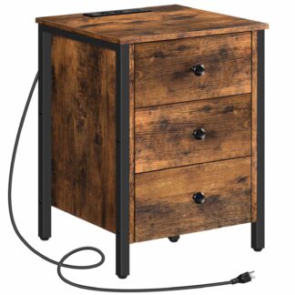 Nightstand with charging station, side table with 3 drawers and storage shelf, end table with usb ports, retro industrial style bedside table, for living room, bedroom, rustic brown