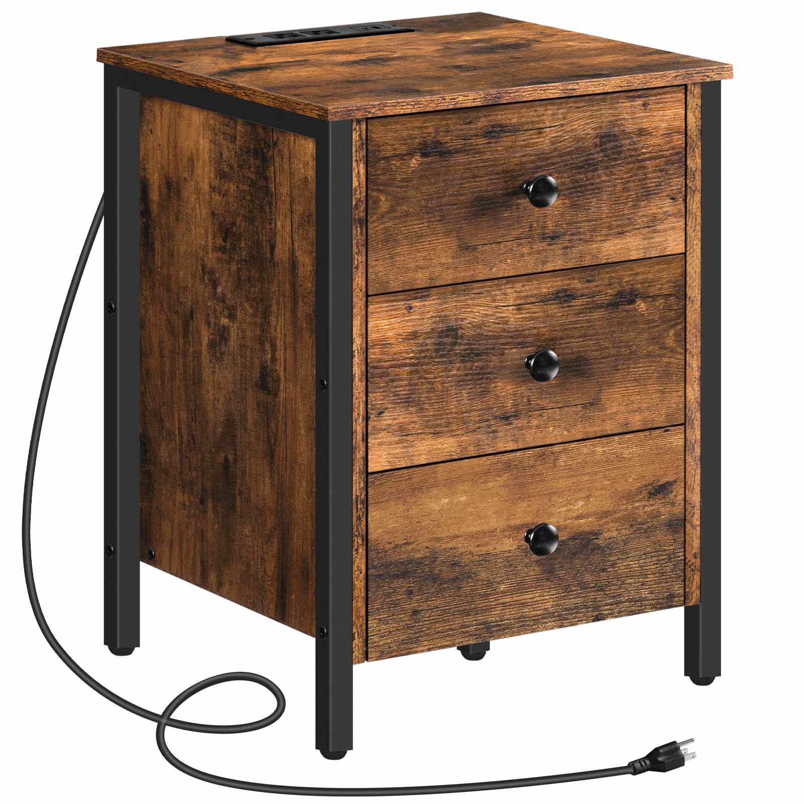 Nightstand with charging station, side table with 3 drawers and storage shelf, end table with usb ports, retro industrial style bedside table, for living room, bedroom, rustic brown