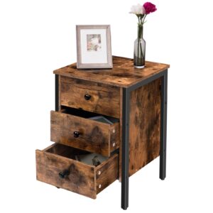 Retro Industrial Style End Table with 3 Drawers and Storage Shelf, Rustic Brown, Multifunctional for Living Room & Bedroom, Easy Assembly