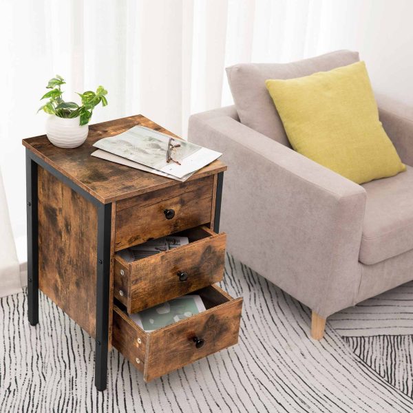 Retro Industrial Style End Table with 3 Ящики и полка для хранения, Рустик Браун, Multifunctional for Living Room & Спальня, Легкая сборка