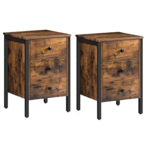 nightstands set of 2, end table with 3 drawers and storage shelf, retro industrial style end table, for living room, bedroom, easy assembly, rustic brown