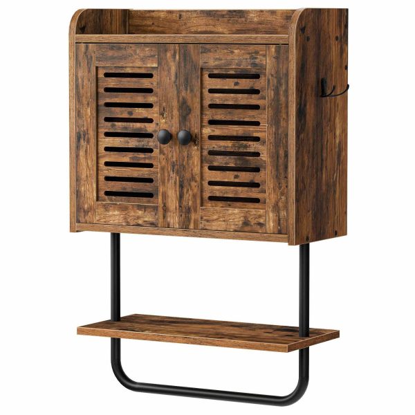 Armário de remédios para banheiro, Armário de armazenamento de parede com porta dupla e barra de toalha, Prateleira ajustável e 2 Ganchos, Solução de armazenamento no banheiro, Adequado para quarto, Cozinha, Acabamento Marrom Rústico