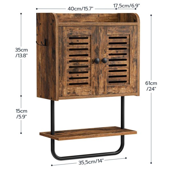 Armário de remédios para banheiro, Armário de armazenamento de parede com porta dupla e barra de toalha, Prateleira ajustável e 2 Ganchos, Solução de armazenamento no banheiro, Adequado para quarto, Cozinha, Acabamento Marrom Rústico