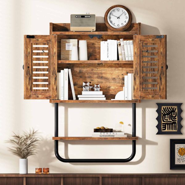 Armário de remédios para banheiro, Armário de armazenamento de parede com porta dupla e barra de toalha, Prateleira ajustável e 2 Ganchos, Solução de armazenamento no banheiro, Adequado para quarto, Cozinha, Acabamento Marrom Rústico