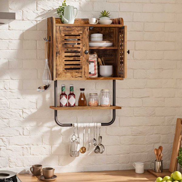 Armário de remédios para banheiro, Armário de armazenamento de parede com porta dupla e barra de toalha, Prateleira ajustável e 2 Ganchos, Solução de armazenamento no banheiro, Adequado para quarto, Cozinha, Acabamento Marrom Rústico