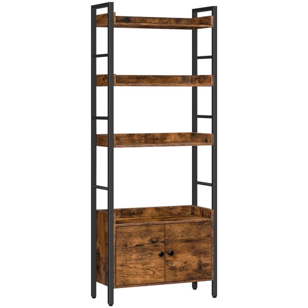 4-Tier Bookshelf with Doors, Industrial Rustic Brown & Black Wooden Bookcase with Storage, Storage Shelf with Protective Rails, Suitable for Living Room and Home Office
