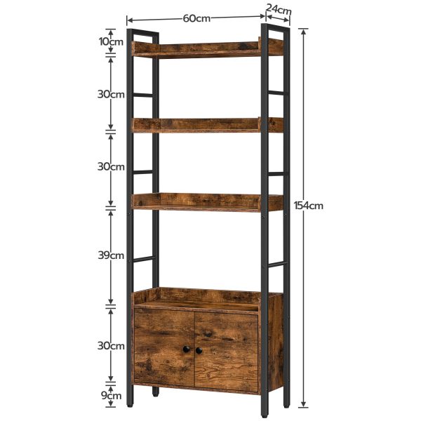 4-Tier Bookshelf with Doors, Industrial Rustic Brown & Black Wooden Bookcase with Storage, Storage Shelf with Protective Rails, Suitable for Living Room and Home Office