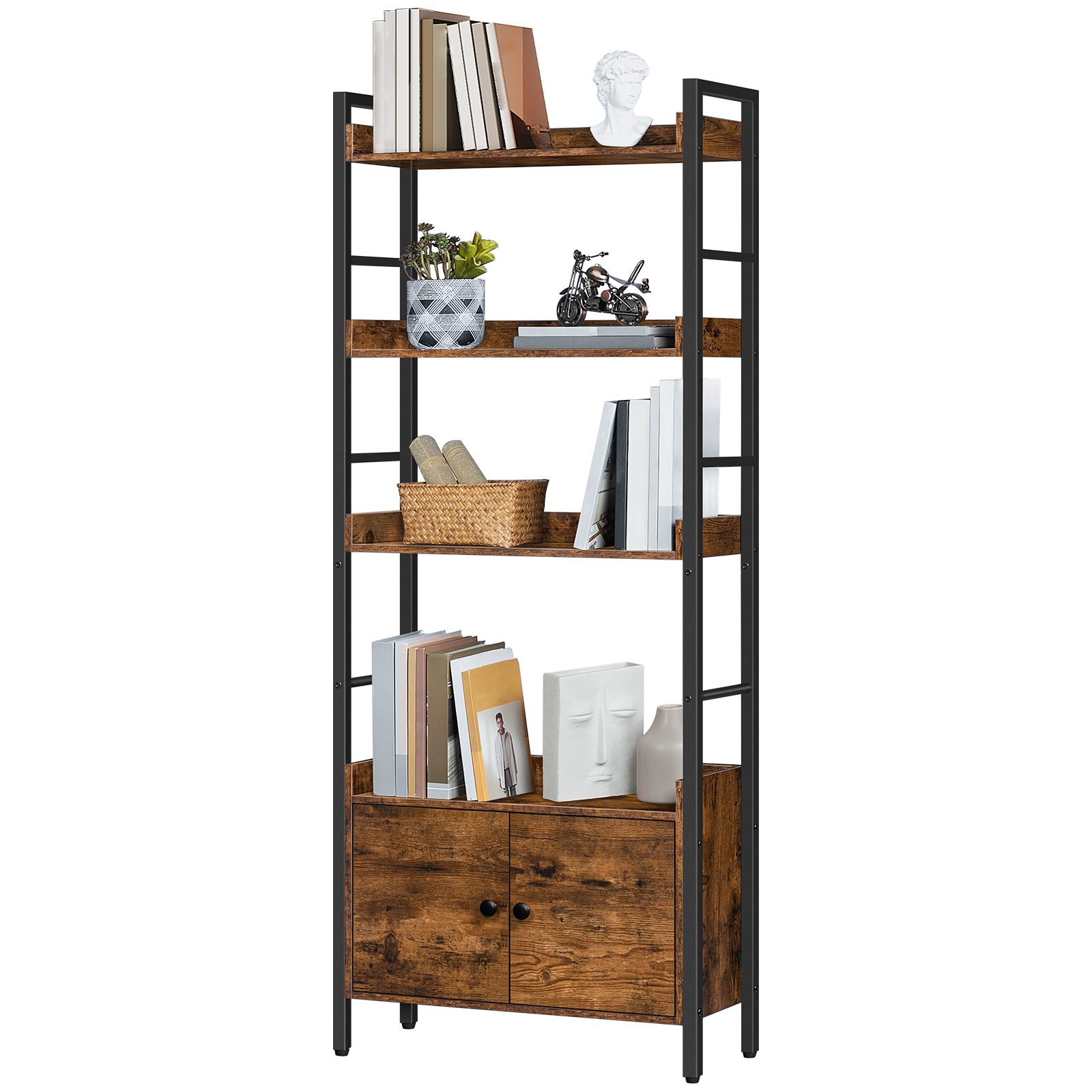 4-Tier Bookshelf with Doors, Industrial Rustic Brown & Black Wooden Bookcase with Storage, Storage Shelf with Protective Rails, Suitable for Living Room and Home Office