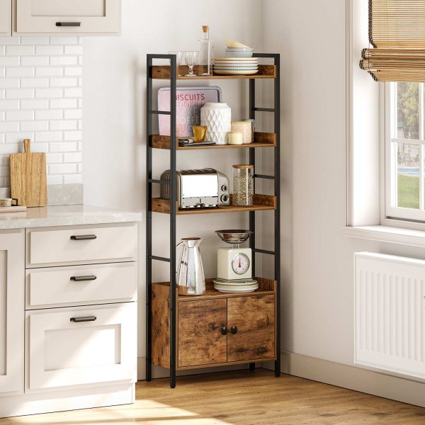 4-Tier Bookshelf with Doors, Industrial Rustic Brown & Black Wooden Bookcase with Storage, Storage Shelf with Protective Rails, Suitable for Living Room and Home Office