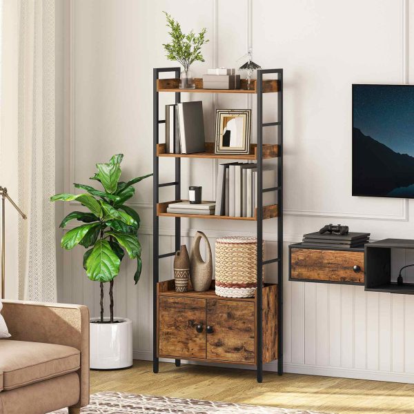 4-Tier Bookshelf with Doors, Industrial Rustic Brown & Black Wooden Bookcase with Storage, Storage Shelf with Protective Rails, Suitable for Living Room and Home Office