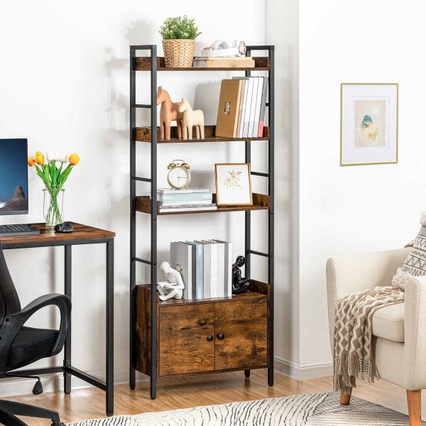 4-Tier Bookshelf with Doors, Industrial Rustic Brown & Black Wooden Bookcase with Storage, Storage Shelf with Protective Rails, Suitable for Living Room and Home Office