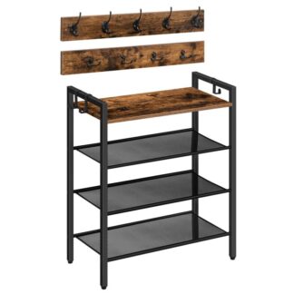 رف الأحذية, 4 منظم تخزين الأحذية من الطبقة مع خطافات المعطف, مجموعة أثاث المدخل, 3-تصميم في 1, أثاث خشبي بإطار معدني, للممر, خزانة, ريفي براون