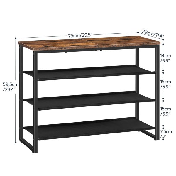 4-Tier Shoe Rack, Multi-Functional Shoe Storage Organizer with 3 Oxford Fabric Shelves and Top Panel, Capacity for 12-16 Pairs of Shoes, Suitable for Entryway, Closet, Industrial Style, Rustic Brown