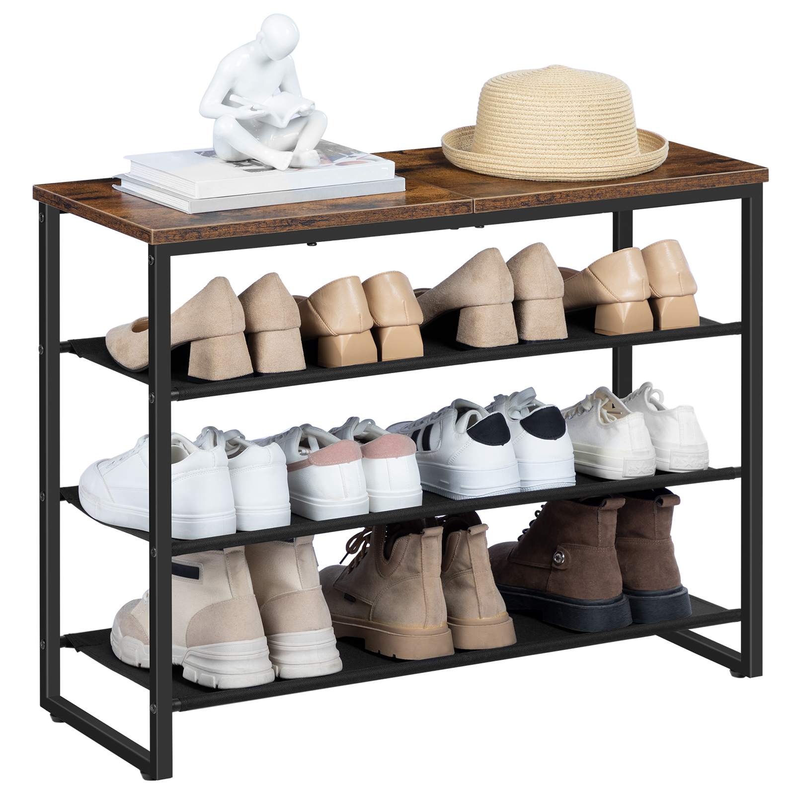 4-Poziomy stojak na buty, Multi-Functional Shoe Storage Organizer with 3 Półki i panel górny z tkaniny Oxford, Capacity for 12-16 Pary butów, Nadaje się do przedpokoju, Gabinet, Styl industrialny, Rustykalny brąz