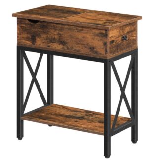 Narrow Nightstand, Flip Top End Table with Drawer and Storage Shelf, Side Table for Small Spaces, X-Shaped Design, Stable and Sturdy, for Living Room, Bedroom, Rustic Brown