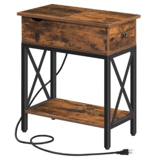 Smalle bijzettafel met laadstation, Nachtkastje met lade & USB-poorten & Stopcontacten, Opklapbare bijzettafel voor kleine ruimtes, Woonkamer, Slaapkamer, Stabiel en stevig, Rustiek bruin