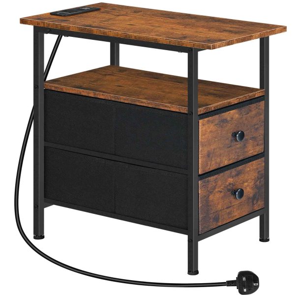 Narrow Bedside Table with Charging Station, Equipped with 2 Non-Woven Drawers, Slim Side Table with USB Ports and Power Outlets, Space-Saving Design for Small Areas, Rustic Brown and Black