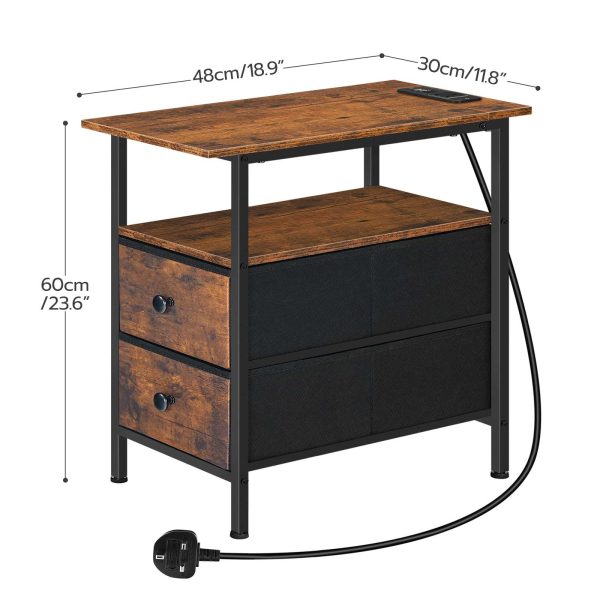 Narrow Bedside Table with Charging Station, Equipped with 2 Non-Woven Drawers, Slim Side Table with USB Ports and Power Outlets, Space-Saving Design for Small Areas, Rustic Brown and Black