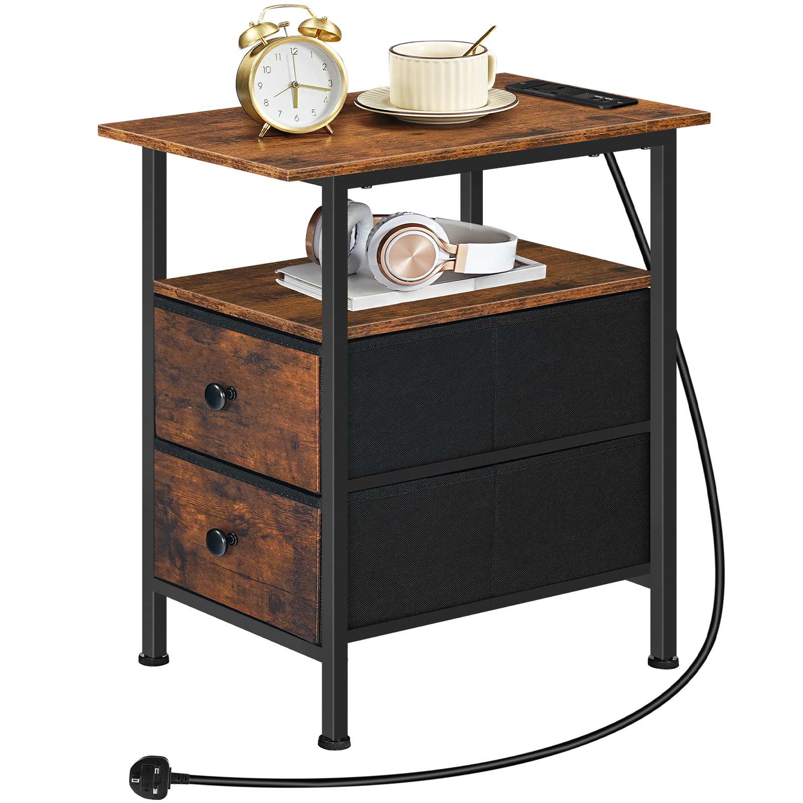 Narrow Bedside Table with Charging Station, Equipped with 2 Non-Woven Drawers, Slim Side Table with USB Ports and Power Outlets, Space-Saving Design for Small Areas, Rustic Brown and Black