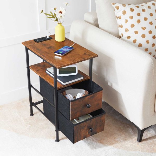 Narrow Bedside Table with Charging Station, Equipped with 2 Non-Woven Drawers, Slim Side Table with USB Ports and Power Outlets, Space-Saving Design for Small Areas, Rustic Brown and Black